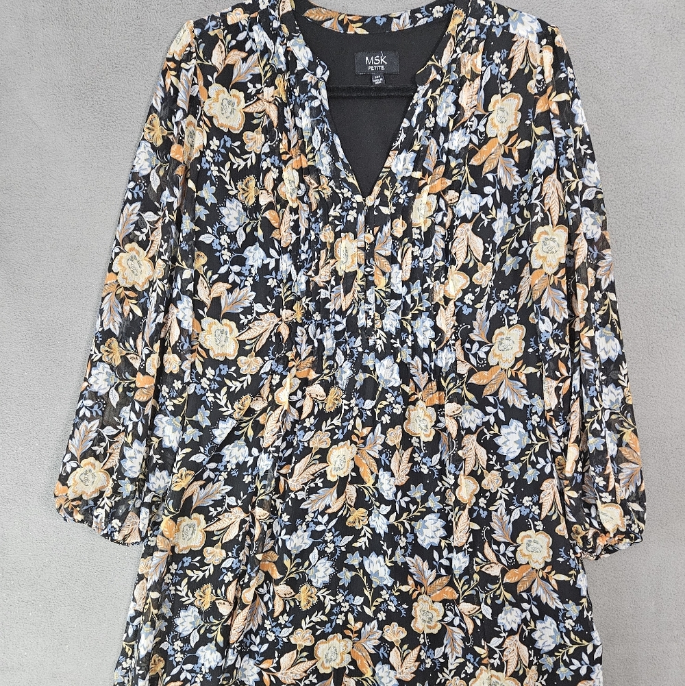 Vintage MSK Midi Dress Petite 14P Cottagecore Multicolor Vneck Floral Sheer Boho